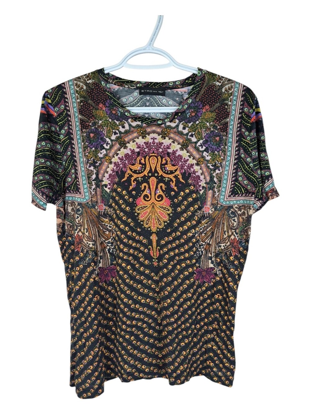 ETRO Italy Multi-Color Paisley Floral Panel‎ Print Crewneck Short Sleeve Top
